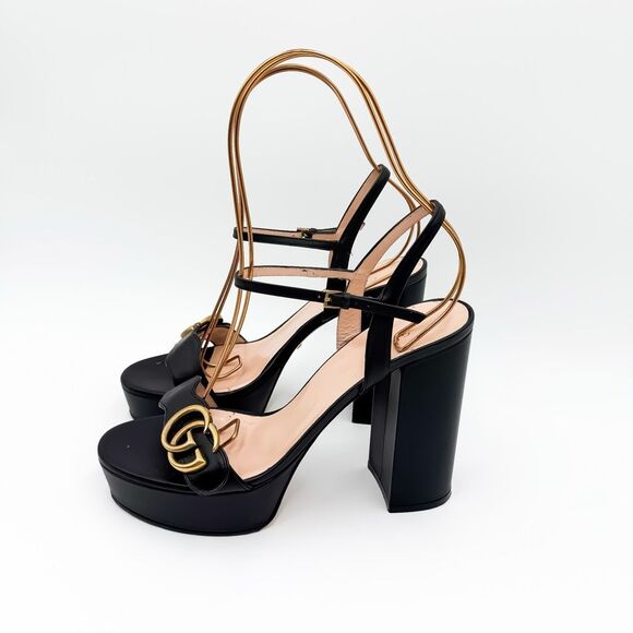 Gucci Marmont GG Platform Sandals EU 38 US 8 Black Leather Block High Heel - Picture 4 of 15